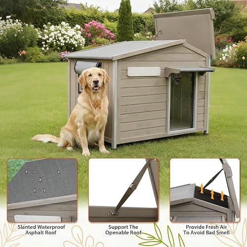 PetsCosset 40.2" L Large Dog House Outdoor & Indoor,Fir Wood Dog Kennel with Weatherproof Openable Asphalt Roof,Spacious Doghouse with Anti-Chewing Metal Edges for Small & Medium & Large Dogs,Grey thumbnail 5