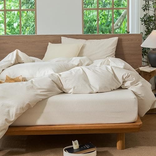 MooMee Striped Duvet Cover Set 100% Washed Cotton Linen Like Textured Breathable Durable Soft Comfy (Almond Milk Grey Pinstripes, Queen 90"x90") thumbnail 4