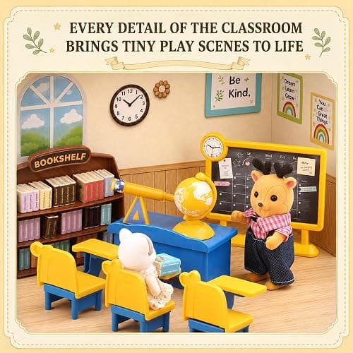 Dollhouse Classroom Furniture Suitcase Set for Kids, 3 Flexible Dolls/Blackboard/Desk/Chair/Podium/Bookshelf/Teaching aid, Pretend Play Dollhouse Accessories Christmas Birthday Gift for Girl Ages 3+ thumbnail 5