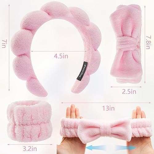 Ztomine Headbands for Women - Spa Headband and Wristband Set - Headband for Washing Face,Facial Mask,Makeup and Skin Care,Gifts for Women and Teen Girl Gifts Trendy Stuff - pink thumbnail 2