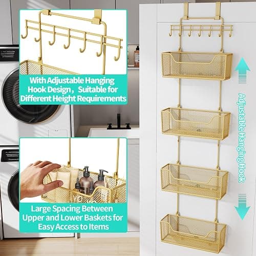 HapiRm Over The Door Organizer - Hanging Door Organizer with 4 Metal Large Capacity Baskets and Adjustable Coat Hook for Bathroom Bedroom Kitchen Pantry Closet Cabinet thumbnail 5