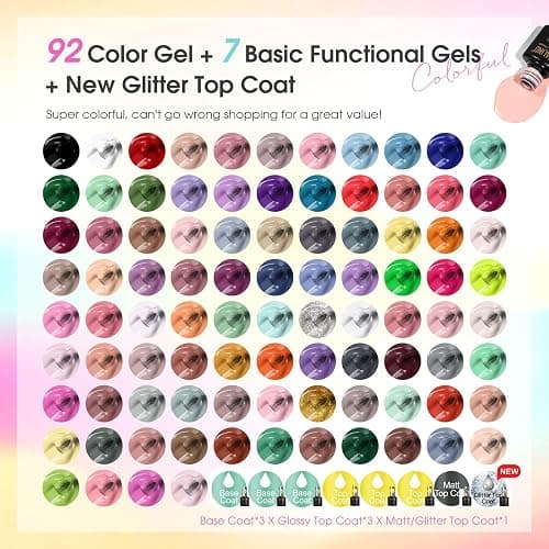 ROSALIND 100PCS Gel Nail Polish Set, 92 PCS Colors Gel Polish Set with 8 Bottles of Base and Glossy Matte Top Coat Starter Nail Set Suitable for All Seasons Gift for Women thumbnail 2