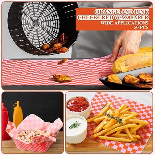 Geosar 100 Pcs Gingham Party Supply Disposable Paper Food Tray Bulk Disposable Food Boat with Checkered Wax Paper Sheet Checkered Wrapping Supply for Carnival Picnic Birthday Party (Orange Pink) thumbnail 5