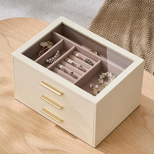 pickpiff Jewelry Box Organizer Case for Women: 3-Layer Jewelry Storage Case with Glass Window, Ivory Leather with Pink Velvet, Holder for Ring Necklace Bracelet Brooch Watch, Great Gift for Her thumbnail 4