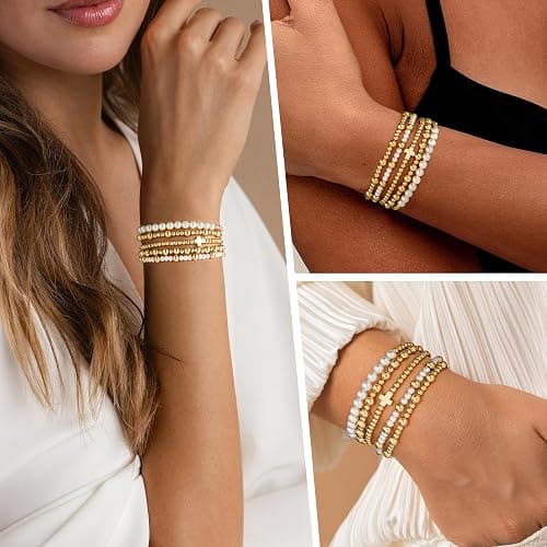 Turandoss 5PCS Gold Beaded Bracelets for Women Teen Girls, 14K Gold Plated | Gold Beaded Bracelet Stack, Dainty Turquoise Cross Pearl Round Ball Bracelet Set, Women Teenage Girls Birthday Gifts Jewelry thumbnail 4