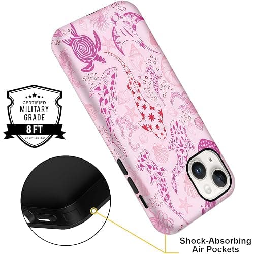 CAINAT Aesthetic Cases for iPhone 13, Pink Sharks Turtles Shells Seaweed Design, Hard Hybrid 2-Layer Protective Cover for Women Girls thumbnail 6