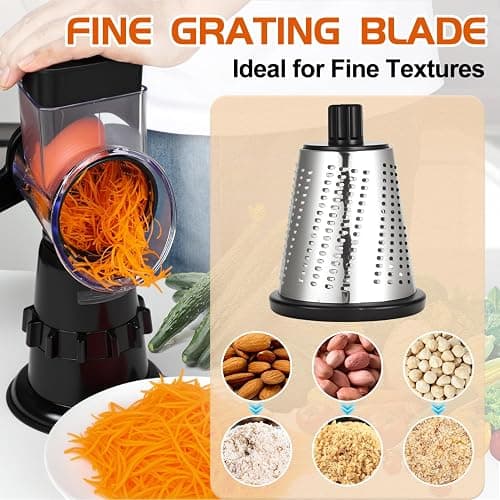 Rotary Cheese Grater Hand Crank, Vegetable Slicer with 3 Blades, Stable Suction, Labor-Saving Handle, Cheese Shredder for Potato Vegetables Nuts Chocolate, Black thumbnail 5