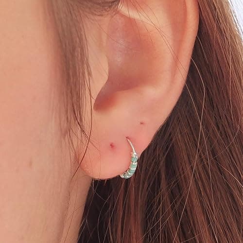 Handmade Silver Pair Small 10MM Cartilgae Helix Piercing Beaded Hoop Earrings, 925 Sterling Silver, Thin 22Gauge Turquoise Color Beads Hoops for women, By Miya Jewelry Creations thumbnail 6