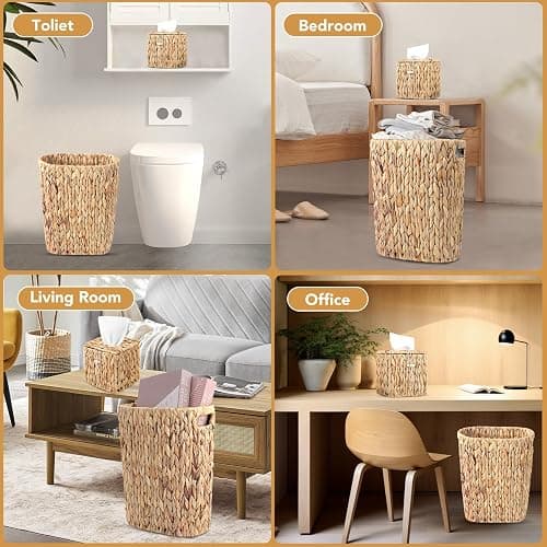 Wicker Trash Can and Square Tissue Box Cover, 4 Gallon Water Hyacinth Bathroom Trash Can, Handwoven Napkin Holder, Narrow Small Waste Basket, Rustic Decorative Home Set for Bedroom,Office (Khaki) thumbnail 6