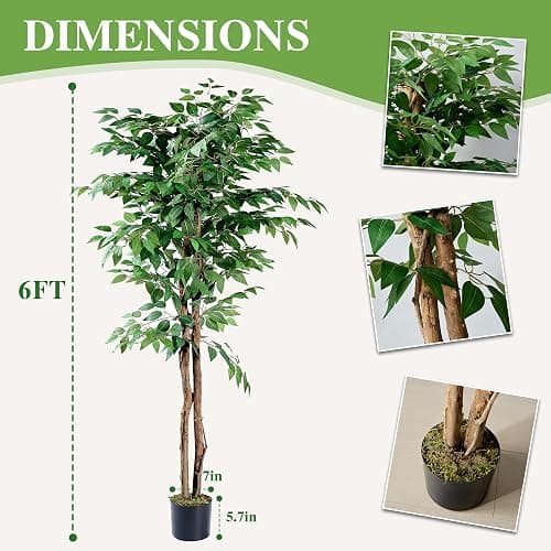 VECELO Ficus Tree Artificial 6 Feet, Tall Faux Tree in Pot, Fake Floor Plant with Realistic Tree Branch & Silk Leaves for Home Office Indoor Decor thumbnail 2