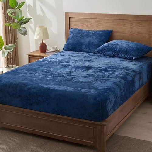 BEDELITE Velvet Fitted Sheet and Pillowcases Set, Luxury Soft Fuzzy Bottom Sheet with Reinforced Elastic Corner Straps, Deep Pocket up to 15 Inch, 1 Fitted Sheet and 2 Pillowcases (Full, Navy Blue) thumbnail 2