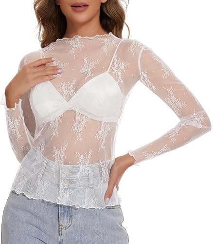 Womens Lace Mesh Long Sleeve Top Floral Sheer See Through Sexy Tops Mock Neck Shirts Party Club Night Blouses thumbnail 2