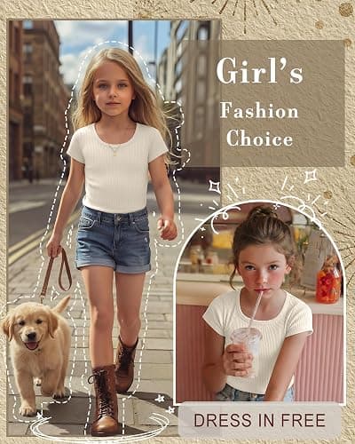 Oakgarden Girls Cap Sleeve T-Shirts Kids Ribbed Knit U-Neck Tops Fitted Short Sleeve Shirts Cute Summer Basic Tees 5-14 Years thumbnail 4