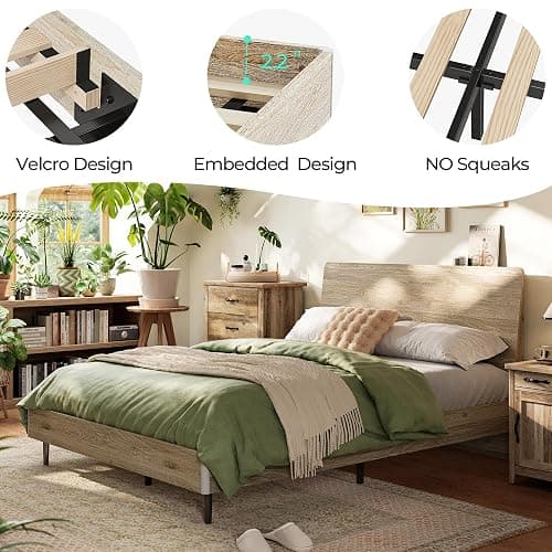 LINSY Wood Bed Frame with Headboard, Queen Bedframe Wooden Platform Frames Boho Queen Size Bed Frames with Solid Wood Slat, No Box Spring Needed, Easy Assembly, Light Wood thumbnail 4