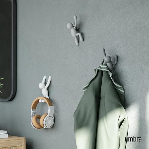 Umbra Buddy Wall Hooks – Decorative Wall Mounted Coat Hooks for Hanging Coats, Scarves, Bags, Purses, Backpacks, Towels and More, Set of 3, Grey thumbnail 2