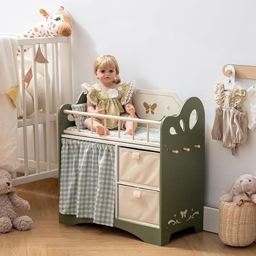 ROBUD Baby Doll Bed,Doll Bed with Storage and Bedding, Sturdy Baby Doll Cribs for Girls,Nice Gift of Doll Beds for 18 Inch Dolls to Children, Green thumbnail 8