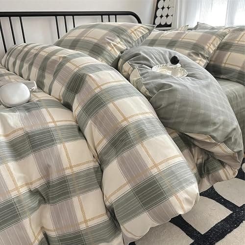 Green Plaid Duvet Cover Queen Soft Cotton Grid Plaid Bedding Set 3 Pieces Checkered Gingham Comforter Cover for Men Boys Modern Bedding Set Simple Plaid Comforter Cover with Zipper Closure 4 Ties thumbnail 9