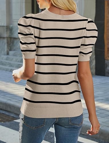 SAMPEEL Short Puff Sleeve Sweaters for Women Knit Tops 2026 Trendy Crewneck Striped T Shirts Casual Summer Blouses thumbnail 5