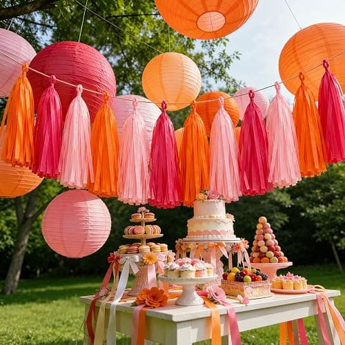 AimtoHome 15PCS Tissue Paper Tassel Garland,Hot Pink Pink Orange | Streamer Banner for Sunset Party, Birthday, Baby Shower, Graduation, Bachelorette, Classroom Hanging Decoration thumbnail 2