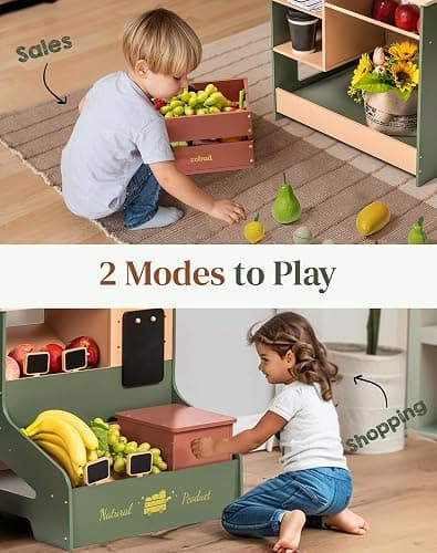 ROBUD Pretend Play Grocery Store with Lights, Supermarket Playset for Kids, Interactive Wooden Play Market Stand, Gift for 3+ Kids Boys Girls (Vintage Green) thumbnail 6