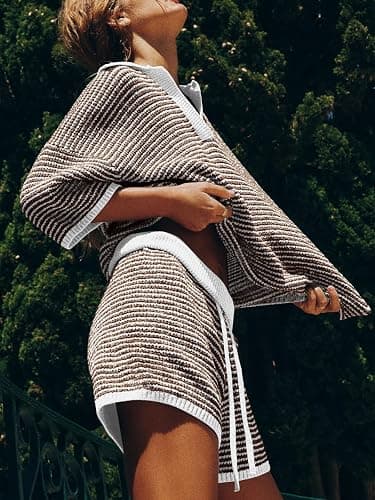 Tankaneo Womens Sweater Set 2 Piece Outfits 3/4 Sleeve Tops Shorts Lounge | Knit V Neck High Waisted Oversized Sets thumbnail 4