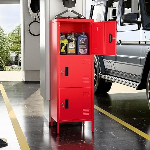 SUPEER Metal Storage Locker with Ventilation Holes, Metal Storage Locker with Lock and Card Slot for School, Office, Home,47.3" H x 15.8" W x 15.8" D,Assembly Required,Red thumbnail 2