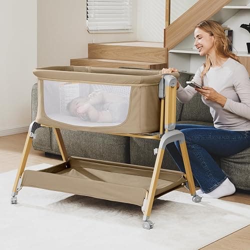 Jimglo 3 in 1 Baby Bassinet, Rocking Bassinets with Comfy Mattress and Wheels, Adjustable Height Bassinet Bedside Sleeper, Easy Folding Portable Crib for Newborn (Khaki) thumbnail 8