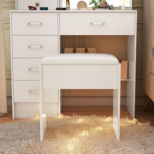 tojump Vanity Stool Chair 16 Inch, Cushioned Vanity Stools, Dressing Table Stool, Dressing Table Seat, Easy Assembly Makeup Chair, Footstool for Makeup Room, Living Room, Bedroom, Entryway, White thumbnail 7