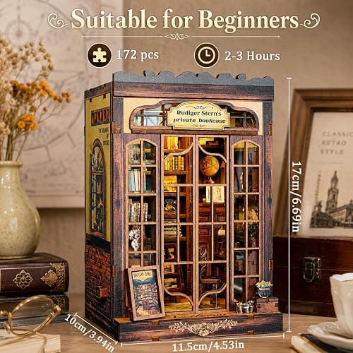 CRIOLPO Kit de coin livre pour adultes – Puzzle 3D en bois miniature à faire soi-même – Bibliothèque privée de Rudiger thumbnail 3