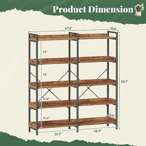 Huuger 5 Tier Bookshelf, Display Bookshelf with 10 Open Shelves and Raised Baffle, 47.2 Inch Straight Wide Bookcase with Metal Frame and Wooden Board, Adjustable Feet, Rustic Brown thumbnail 2