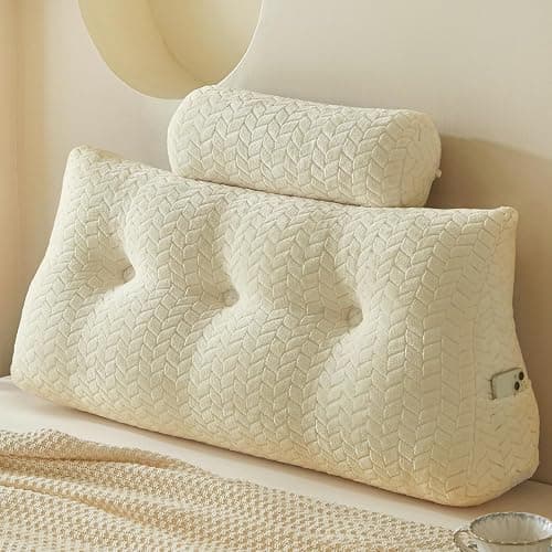 YOUR MOON Wedge Headboard Pillow Twin with 1 Pack Neck Roll Pillows, Triangular Wedge Backrest Pillow Headboard for Bed,Daybed,and Lounging, Large Bed Bolster Pillows,Off White - Image 1