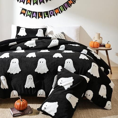 Smoofy Halloween Comforter Set Twin Size – 2-Piece Black Halloween Comforter with 3D White Ghosts, Lightweight and Fluffy Bedding Set (1 Twin Comforter + 1 Pillowcase) - Image 1