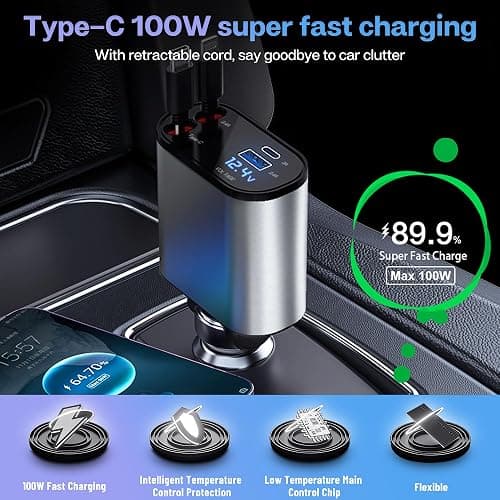 Retractable Car Charger with 100W Fast Car Charger 4 in 1 for iPhone and Type C, Retractable Cables (80cm) and 2 Charging Ports, Compatible with iPhone 15/14/13/12 Pro Max XR thumbnail 3