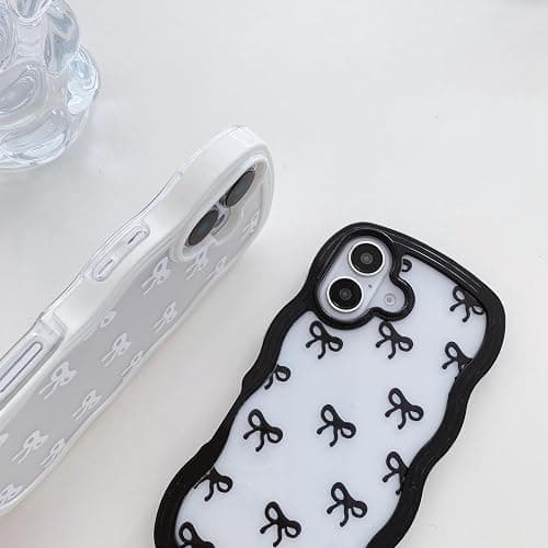 QLTYPRI Bow Case for iPhone 16, Clear Cute Ribbon Bow Phone Case Curly Wavy Aesthetic Phone Case, Slim Soft Transparent Shockproof Protective Cover for Women Girls - White thumbnail 3