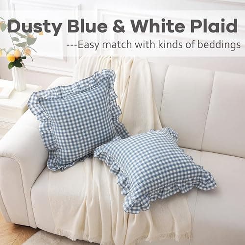 K MASANIJI 2 Pack Dust Blue White Plaid Gingham Ruffle Throw Pillow Covers, 100% Washed Cotton Decorative Buffalo Checkered Farmhouse Pillow Shams - 18''x18'' thumbnail 2