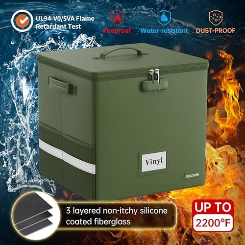 DocSafe Vinyl Record Storage Box with Lock, Fireproof＆Water Resistant Record Organizer for 100+ Single Records(12-inch), Collapsible Storage Crate with Lid&Handles for Valuable Album Collection,Green thumbnail 3