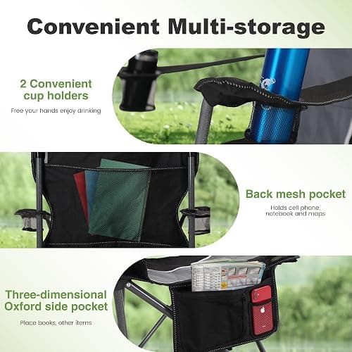 LET'S CAMP Oversized Outdoor Folding Camping Chair, 2 Pack Heavy Duty Arm Chairs with Cup Holder and Storage Bag, 350 LBS Weight Capacity, Grey thumbnail 7