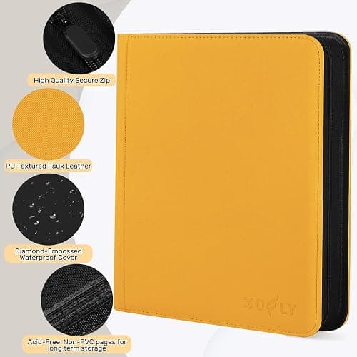 12 Pocket Zipper Trading Card Binder, 720 Large Capacity Side Loading Non-Ring Card Album, Double Sided Acid-Free Card Protector Binder for TCG, MTG, Sport Card, Yellow thumbnail 5