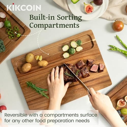 Kikcoin Wood Cutting Boards for Kitchen, 3 PCS Wooden Cutting Board Set with Holder, Chopping Board with Built-In Compartments and Juice Groove, Solid Charcuterie Board Serving Tray Wood Butcher Block thumbnail 5