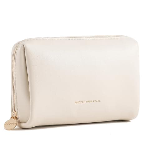 Aveniee Travel Makeup Bag Small, Vegan Leather Cosmetic Pouch for Purse, Wide-open Toiletry Organizer with Dividers & Zipper for Women-Beige - Image 1