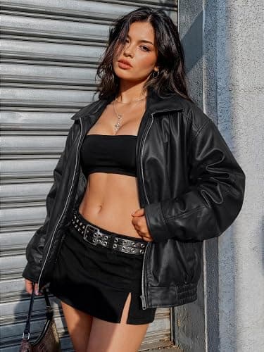 AUTOMET Women's Oversized Faux Leather Jacket for Fall and Winter | Concert Outfits, Boyfriend Biker Moto Coat, Medium weight Fall Bomber Jackets, Music Festival Winter Outerwear thumbnail 2