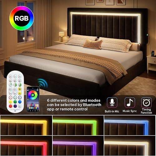 YITAHOME Queen Size Bed Frame with Adjustable Headboard, 4 Storage Drawers and RGB LED Lights, Velvet Upholstered Platform Bed with USB Ports, No Box Spring Needed, Fast Assembly, Noise-Free, Black thumbnail 3
