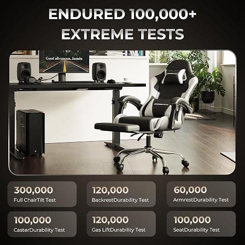 Dowinx Ergonomic Gaming Chair with Footrest, Heavy Duty 330lbs Office Chair, Massage Lumbar Support, Adjustable Height & Headrest Pillow, Comfortable for Back Pain Relief Streaming Long Gaming White thumbnail 7
