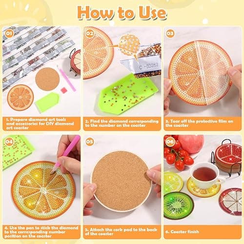 Billbotk 12 Pieces Diamond Art Painting Coasters Kit with Holder, Diamond Art Coasters, DIY Diamond Crafts Projects, Diamond Dot Kits for Adults and Beginners(Fruit Style) thumbnail 5