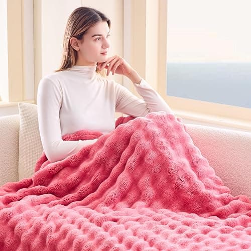 NEWCOSPLAY Throw Blanket for Couch Coral Pink Super Soft Flannel Fleece 3D Bubble Lightweight Bed Blanket All Season Use (Coral Pink, Throw(50"x60")) thumbnail 3