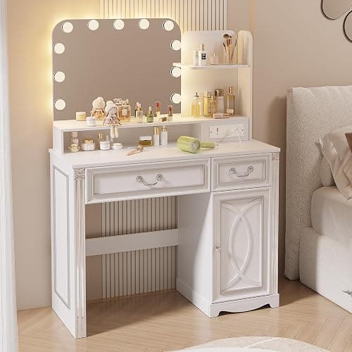 ⭐️Ylued Vanity Desk with Mirror and Lights Power Outlet, 39 inch Makeup Vanity with Charging Station, Mid-Century Modern Dressing Table with 2 Drawers for Bedroom, White - Image 1