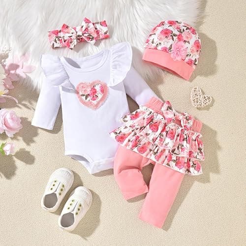 fioukiay Newborn Baby Girl Clothes Infant Girls Floral Love Printed Romper and Ruffle Pants Sets 4pcs Winter Fall Outfits thumbnail 2