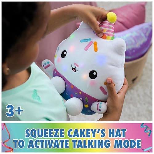 Gabby's Dollhouse Celebrations, Sprinkle Party Cakey Cat Plush, 10-Inch Interactive Stuffed Animal with Sounds, Kids Toys for Girls & Boys Ages 3+ thumbnail 4