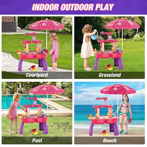 HYES Water Table for Toddlers 3-5, 3-Tier Kids Splash Sand Table Water Toys with Umbrella, Rain Showers Splash Pond for Outdoor Beach Backyard Summer, Activity Sensory Playset for Boys Girls, Red thumbnail 6