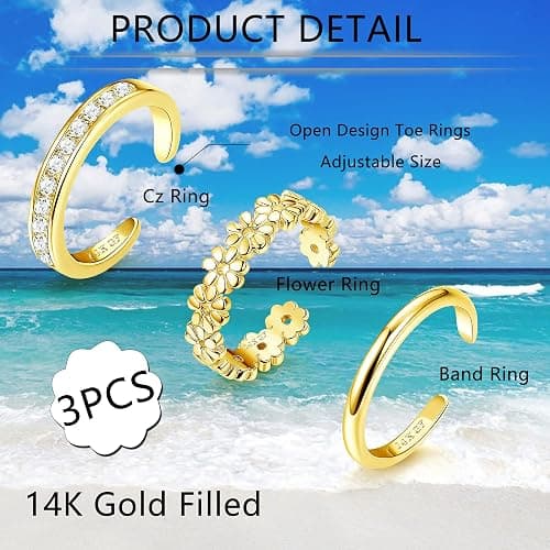 FIASASO 3Pcs Gold Filled Toe Rings for Women Non Tarnish 14K Gold Filled Toe Ring Adjustable Flower Cz Dainty Toe Ring Summer Beach Open Toe Rings Set Toe Jewelry Foot Jewelry thumbnail 2